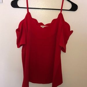 Scalloped off-the-shoulder red top
